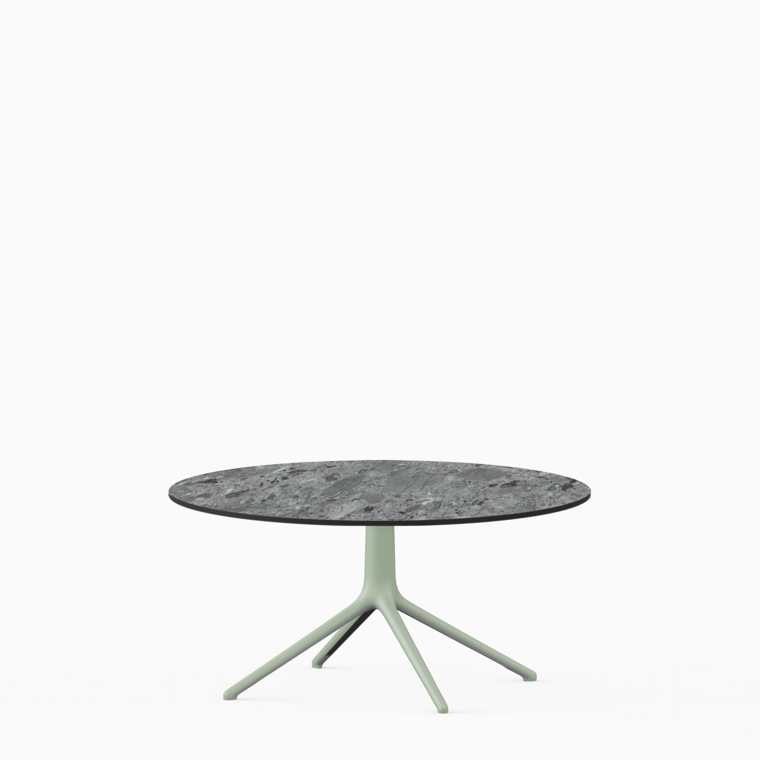 Round dining table with compact‑laminate top and aluminium base