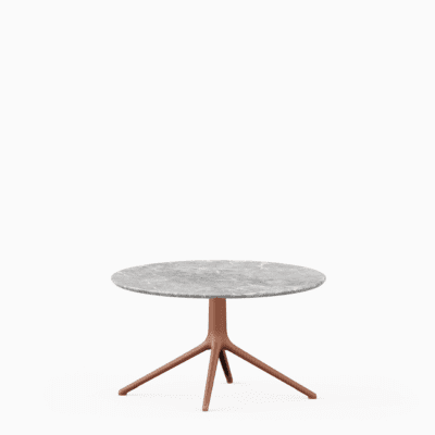 Round dining table with marble top and aluminium base.