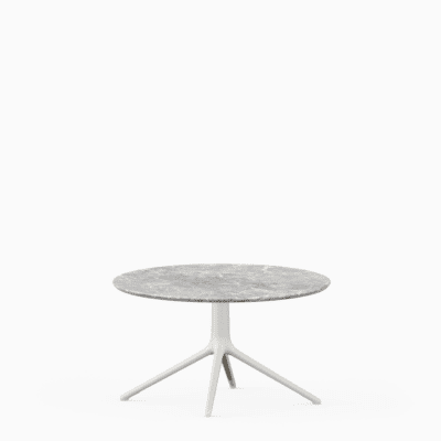 Round dining table with marble top and aluminium base.