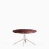Round dining table with marble top and aluminium base.