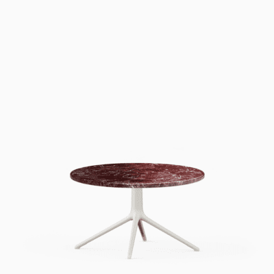 Round dining table with marble top and aluminium base.