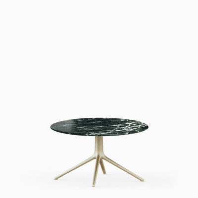 Round dining table with marble top and aluminium base.
