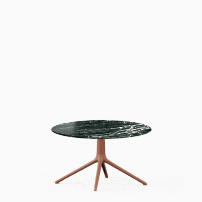 Round dining table with marble top and aluminium base.