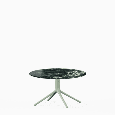 Round dining table with marble top and aluminium base.