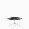 Round dining table with marble top and aluminium base.
