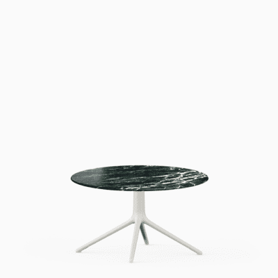 Round dining table with marble top and aluminium base.