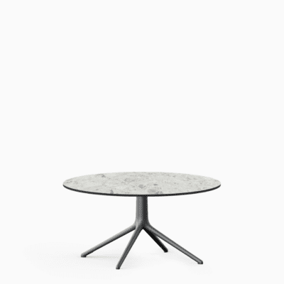 Round dining table with compact‑laminate top and aluminium base