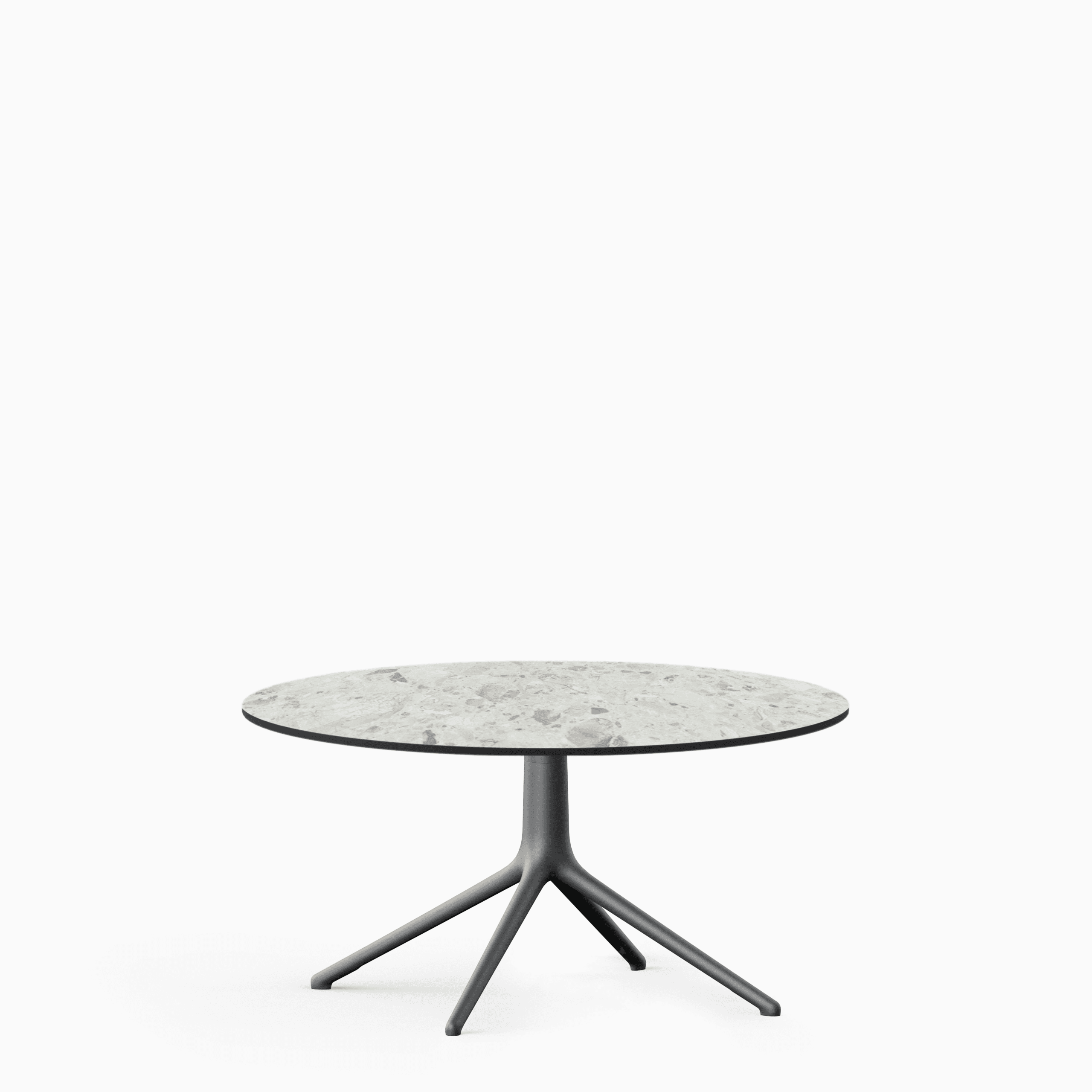 Round dining table with compact‑laminate top and aluminium base