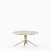 Round coffee table with terrazzo top and aluminium base.”
