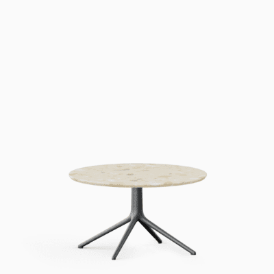 Round coffee table with terrazzo top and aluminium base.”