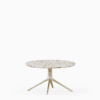 Round coffee table with terrazzo top and aluminium base.”