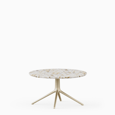 Round coffee table with terrazzo top and aluminium base.”
