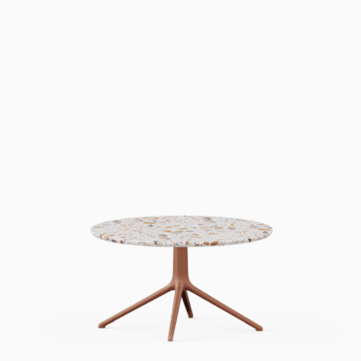 Round coffee table with terrazzo top and aluminium base.”