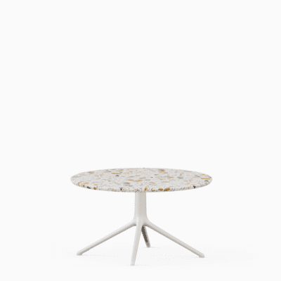 Round coffee table with terrazzo top and aluminium base.”