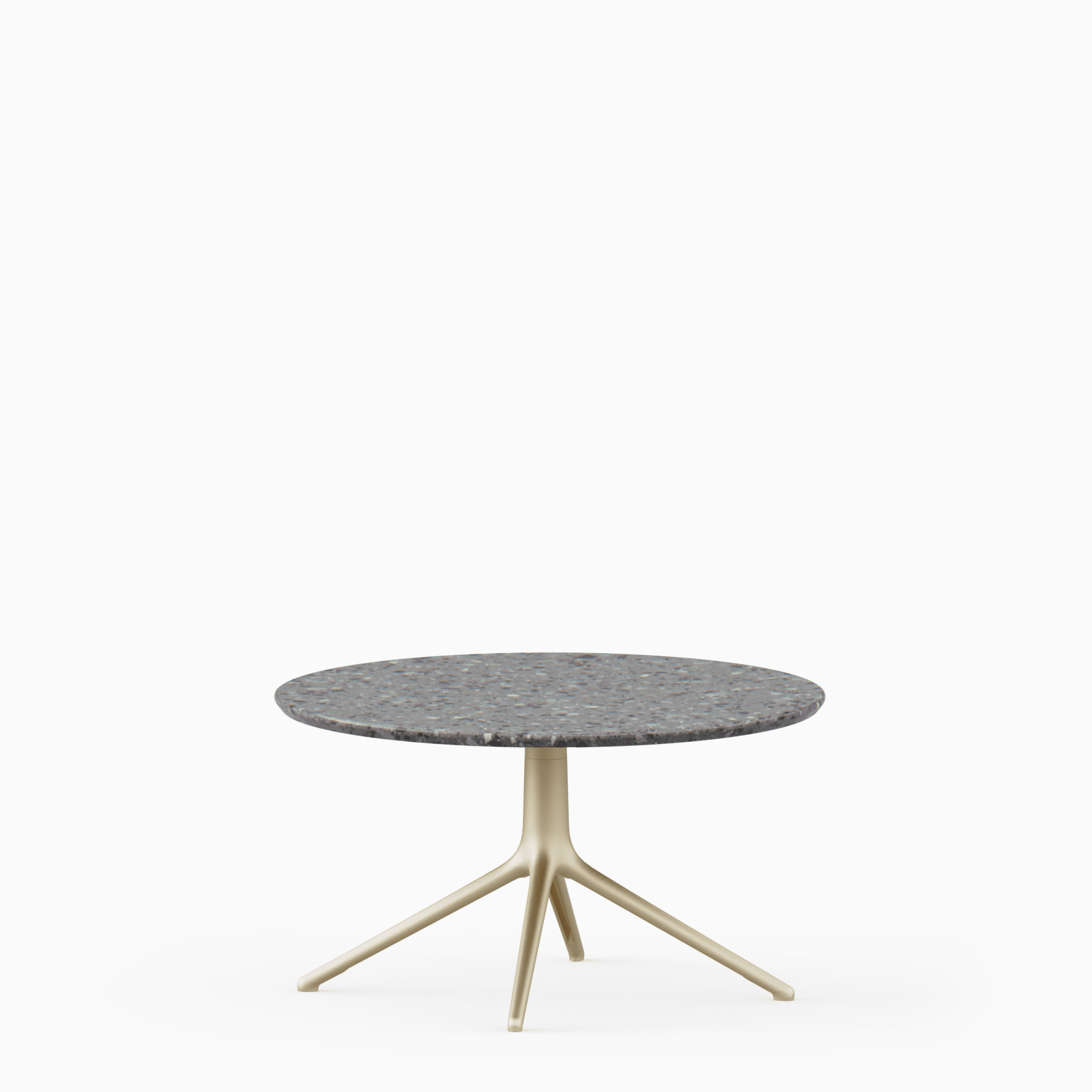 Round coffee table with terrazzo top and aluminium base.”