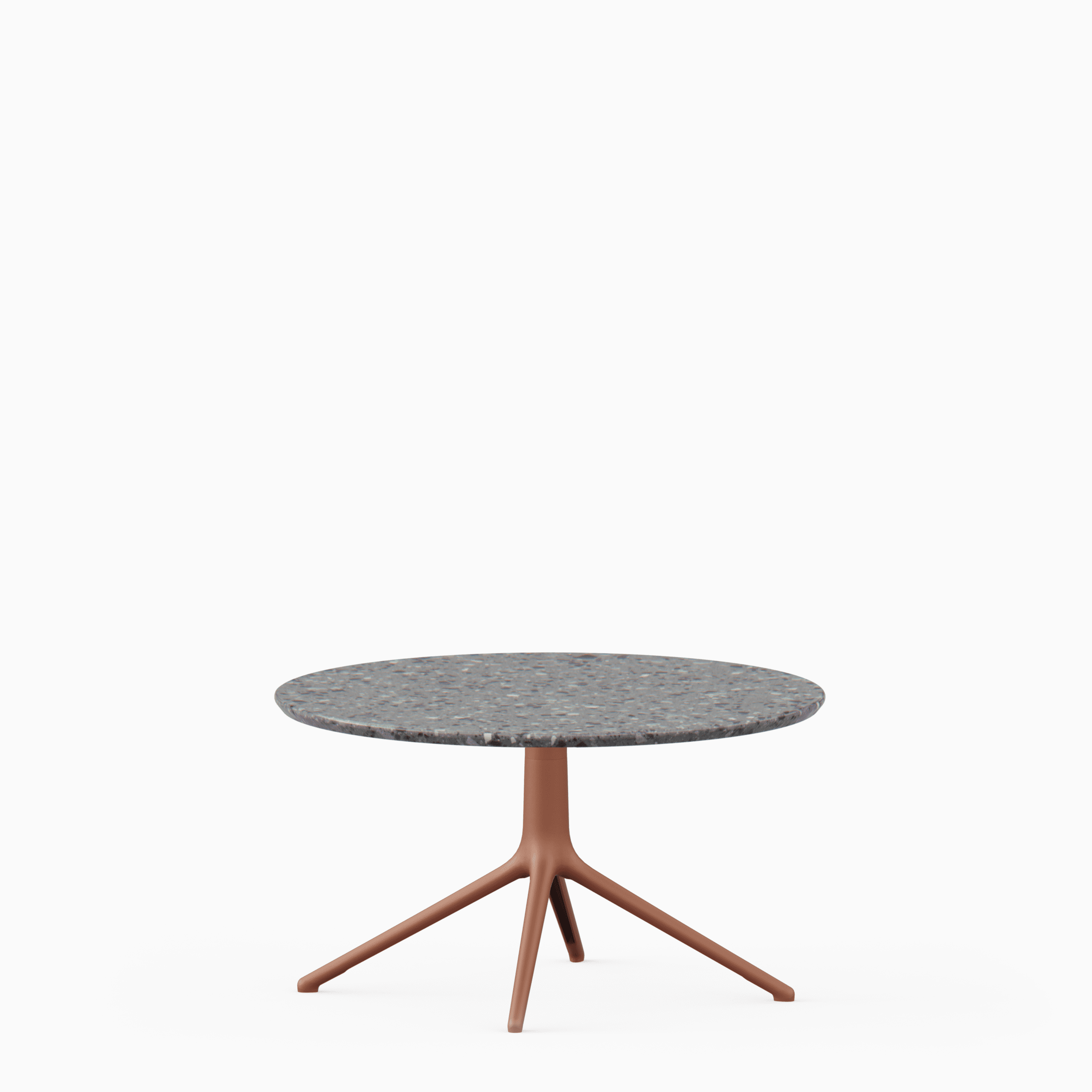 Round coffee table with terrazzo top and aluminium base.”