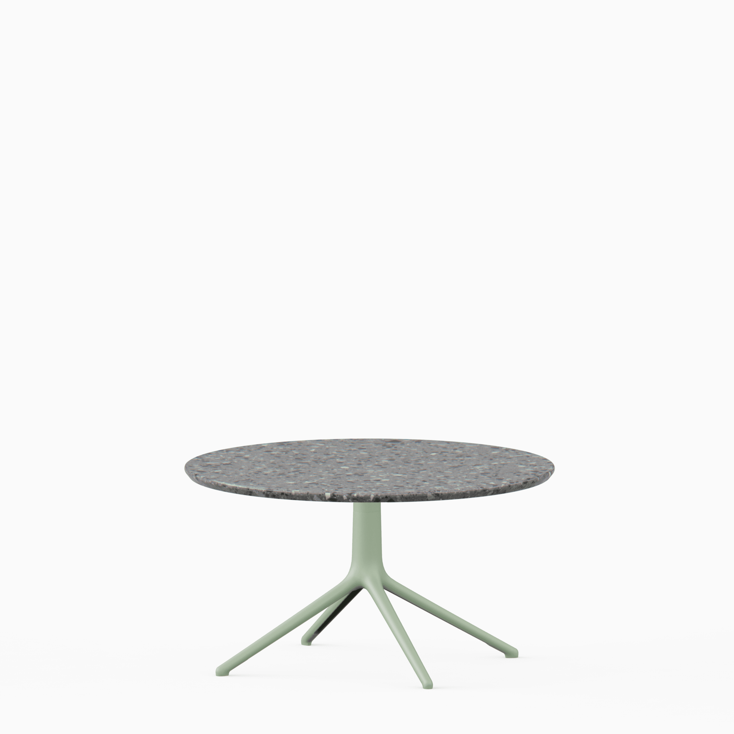 Round coffee table with terrazzo top and aluminium base.”