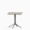 Square table with compact laminate top and cast aluminium base.