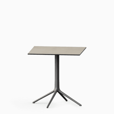 Square table with compact laminate top and cast aluminium base.