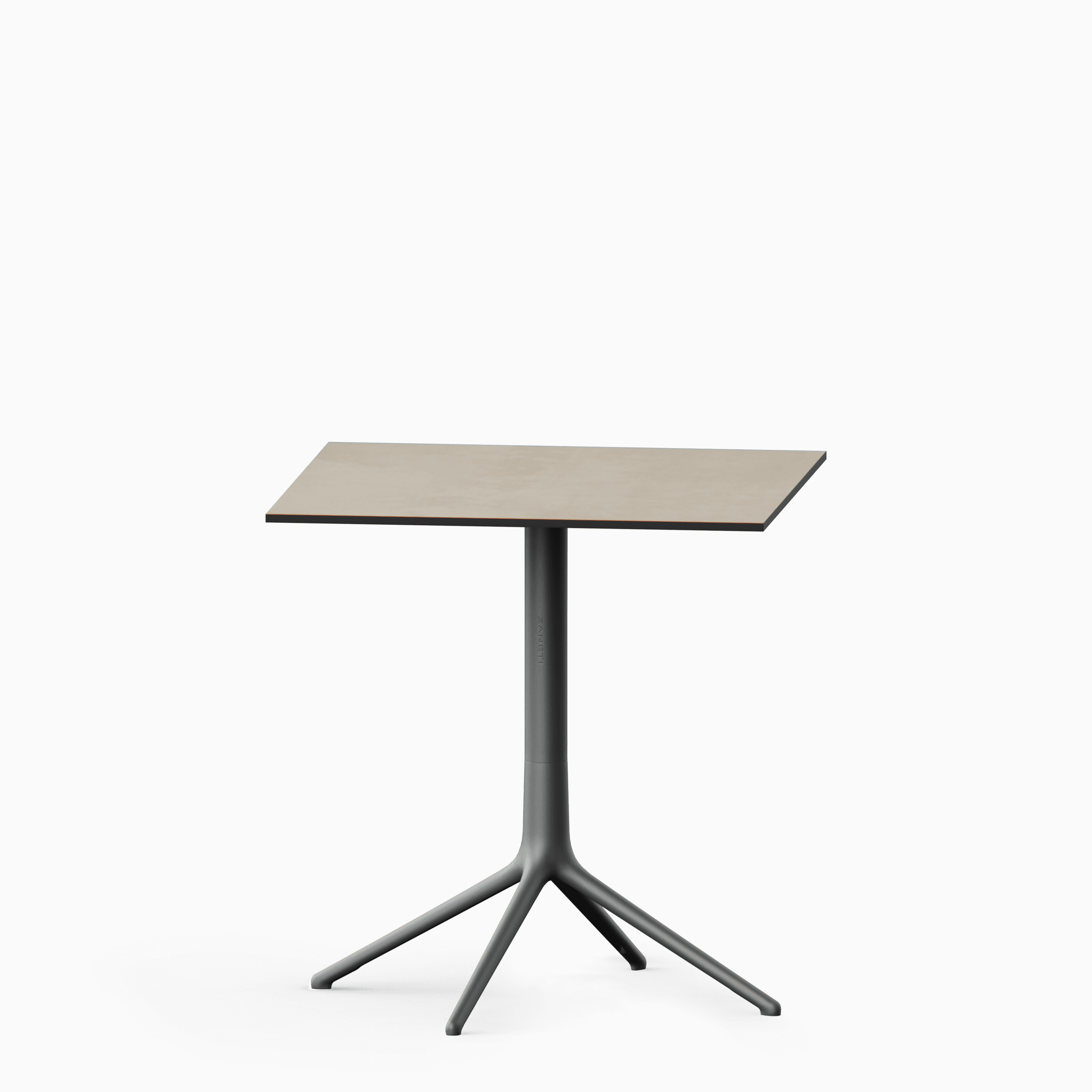 Square table with compact laminate top and cast aluminium base.
