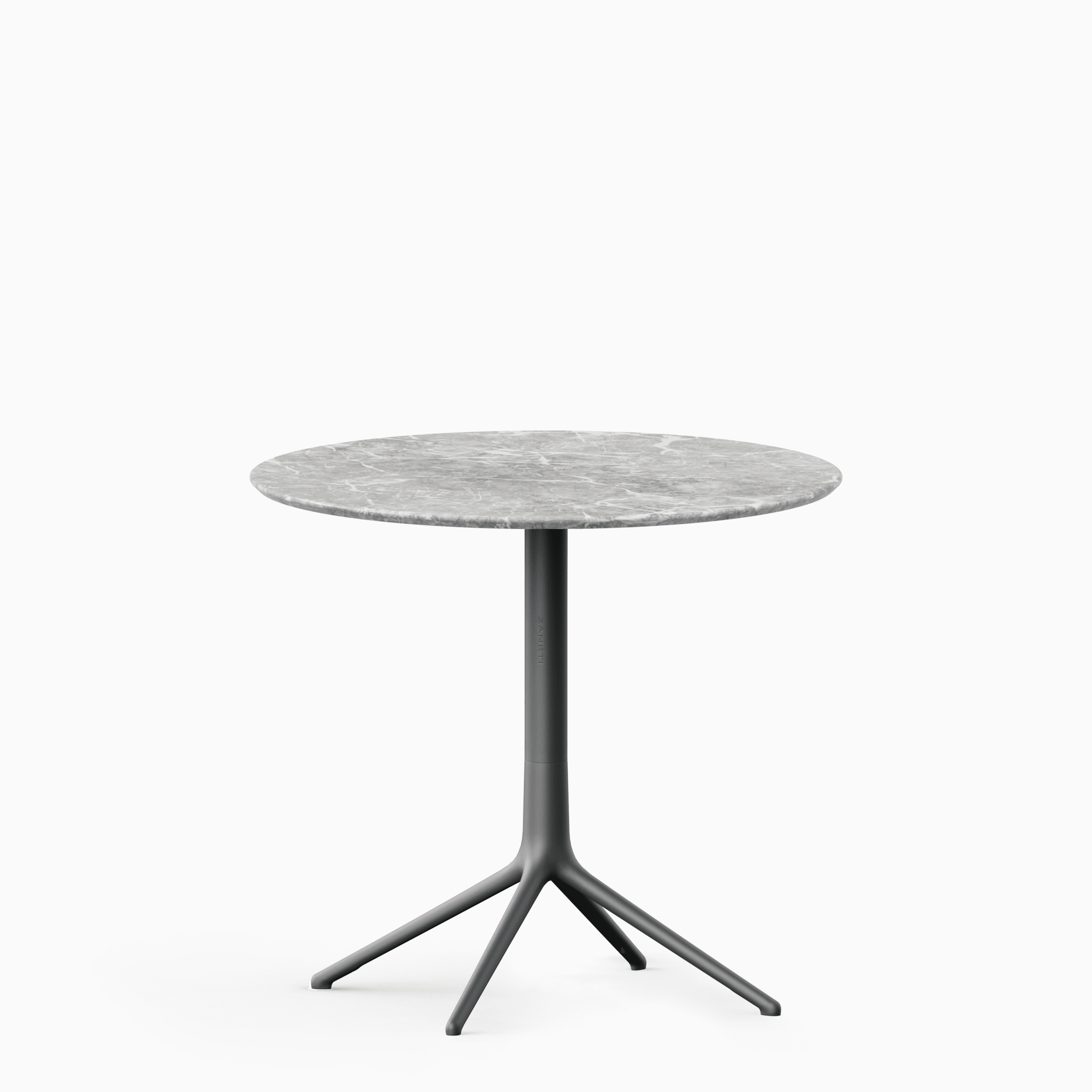 Round table with marble top and cast aluminium base.