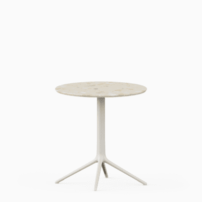 Round table with terrazzo top and cast aluminium base.