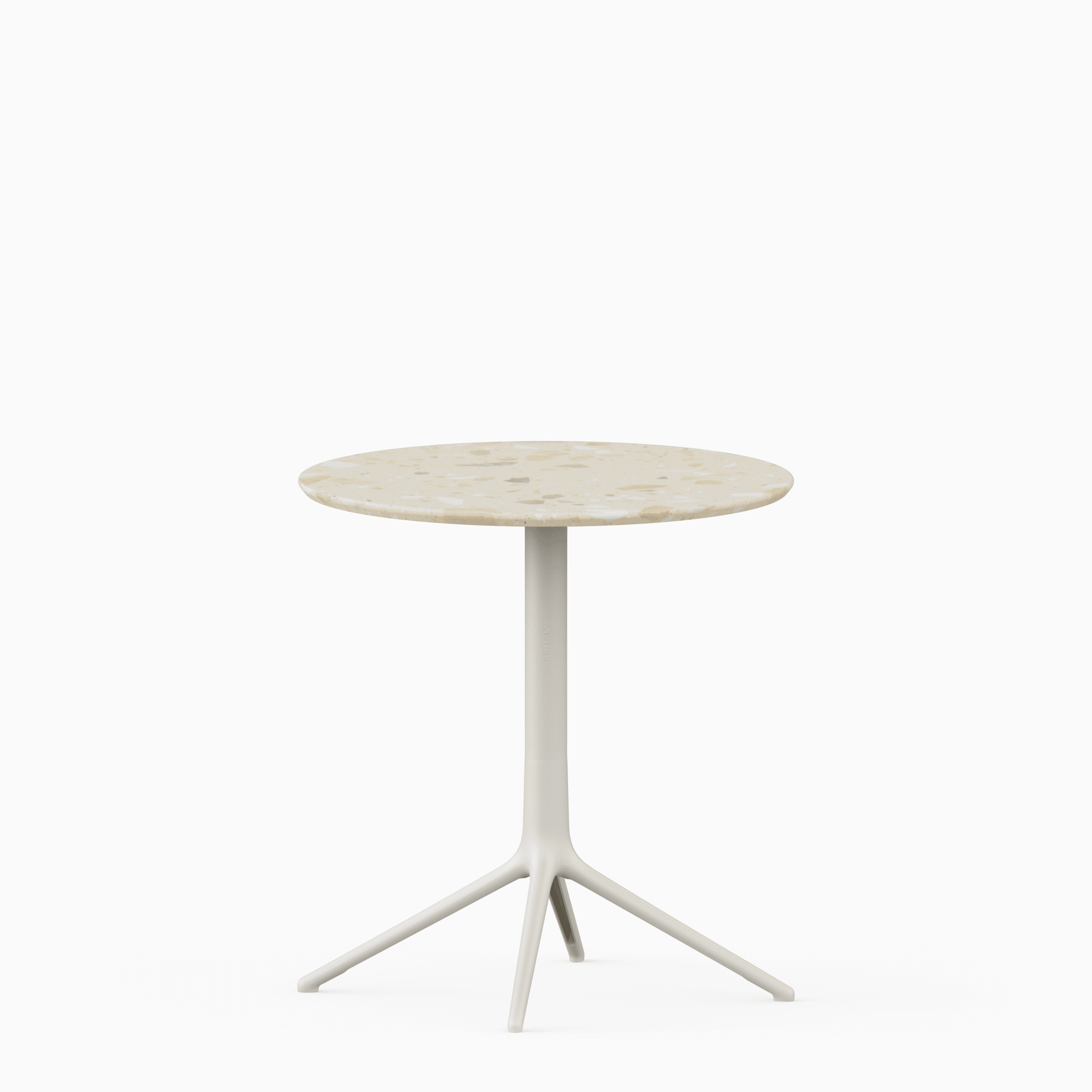 Round table with terrazzo top and cast aluminium base.
