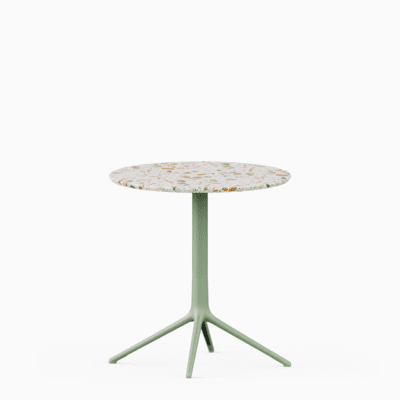 Round table with terrazzo top and cast aluminium base.