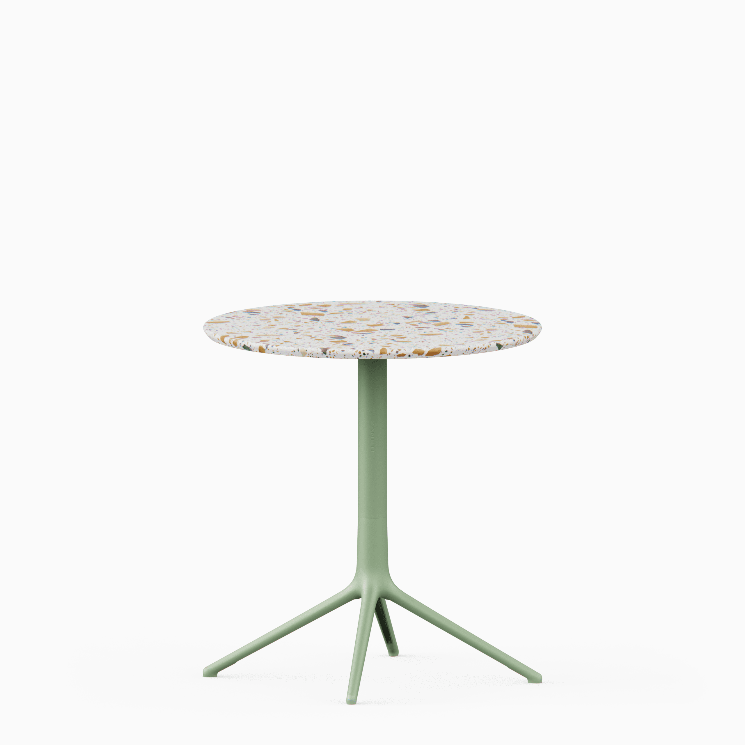 Round table with terrazzo top and cast aluminium base.