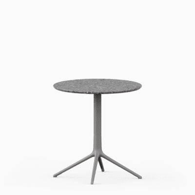 Round table with terrazzo top and cast aluminium base.