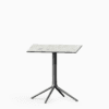 Square table with compact laminate top and cast aluminium base.