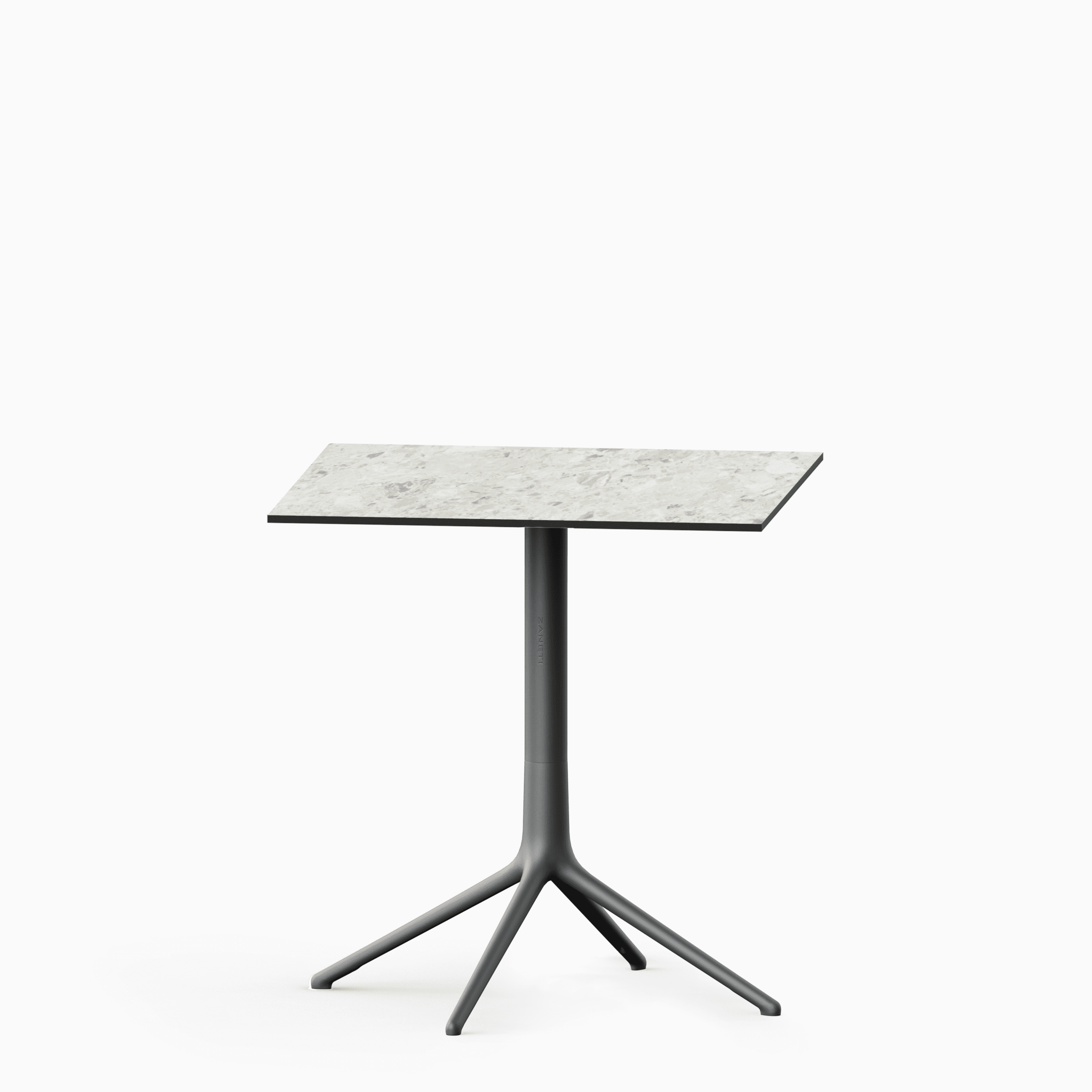 Square table with compact laminate top and cast aluminium base.