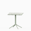 Square table with compact laminate top and cast aluminium base.