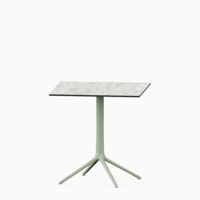 Square table with compact laminate top and cast aluminium base.