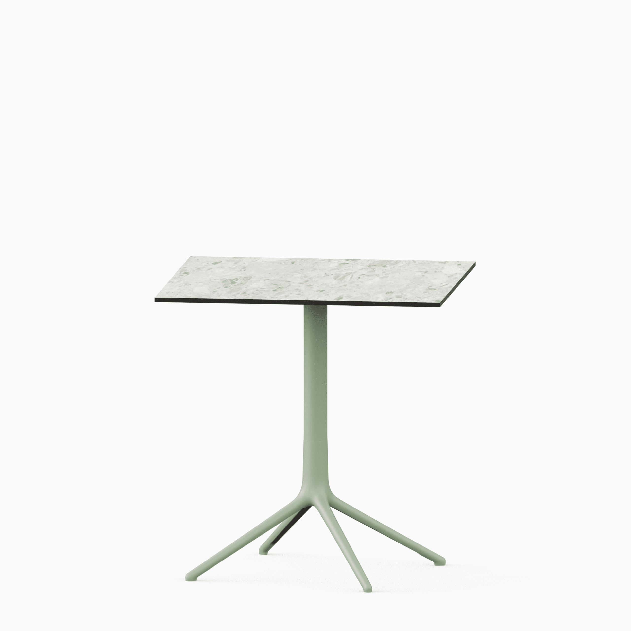 Square table with compact laminate top and cast aluminium base.