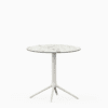 Round table with compact laminate top and cast aluminium base.