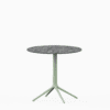 Round table with compact laminate top and cast aluminium base.