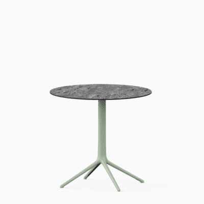 Round table with compact laminate top and cast aluminium base.