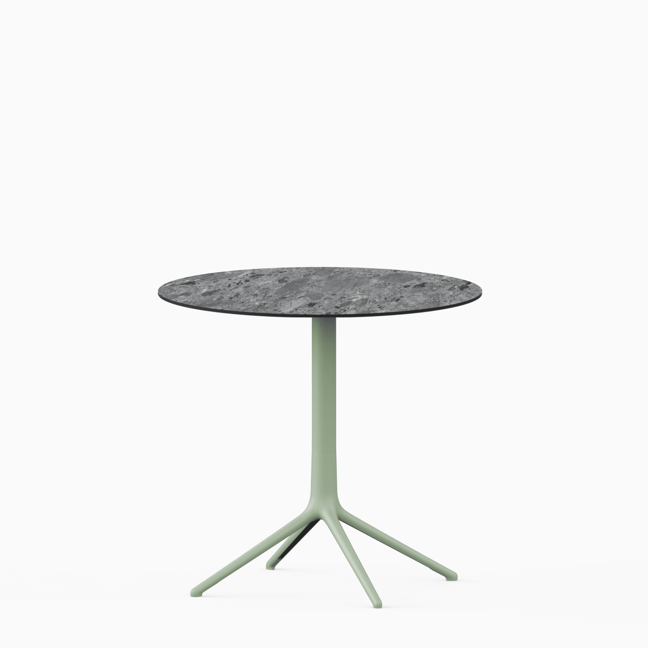 Round table with compact laminate top and cast aluminium base.