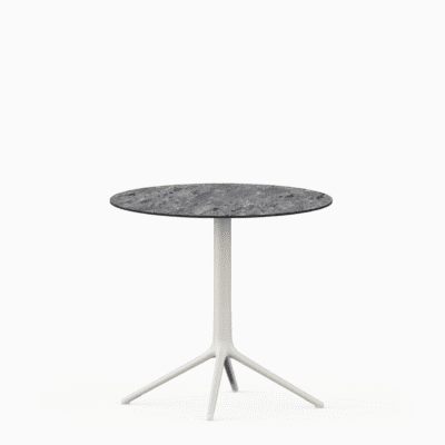 Round table with compact laminate top and cast aluminium base.