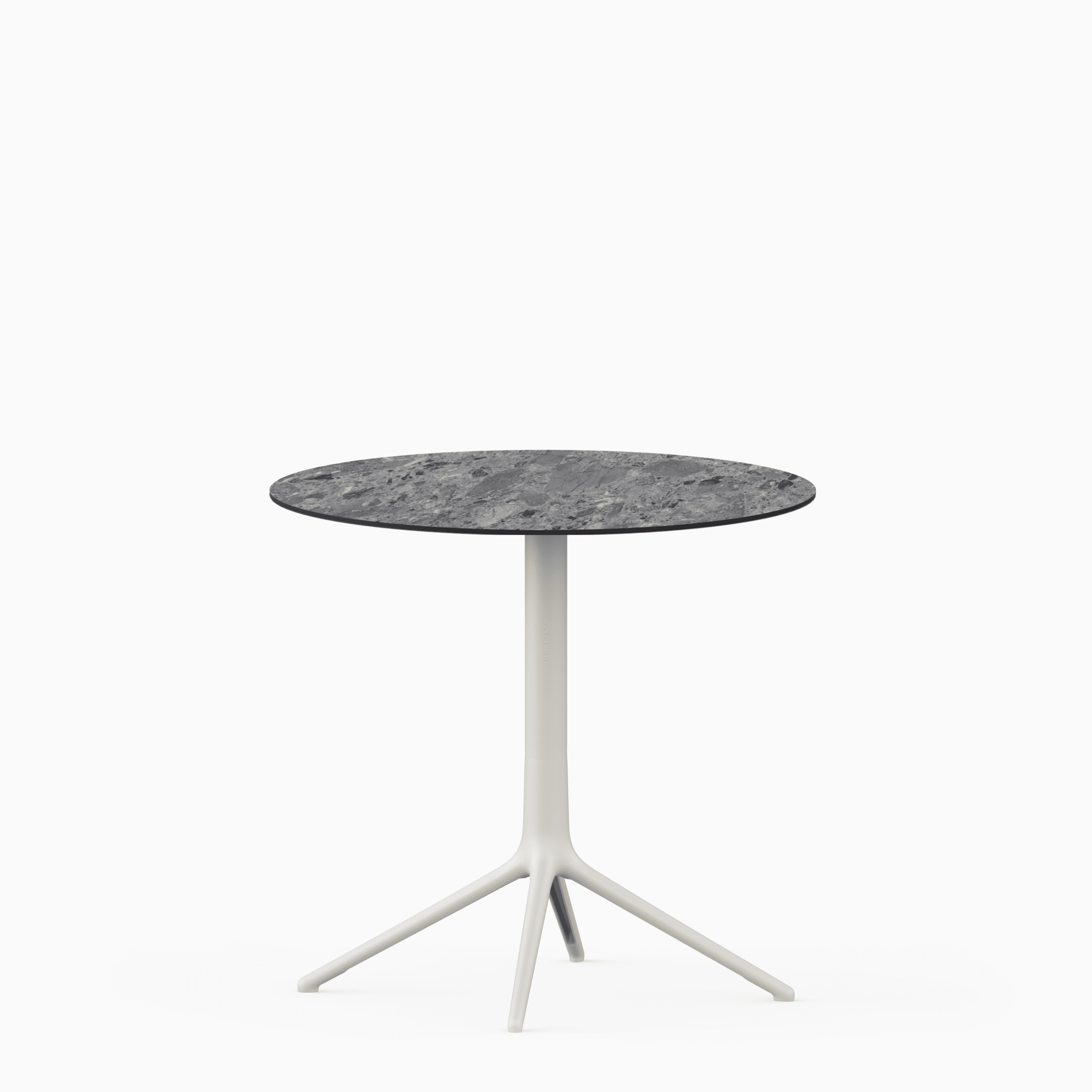 Round table with compact laminate top and cast aluminium base.