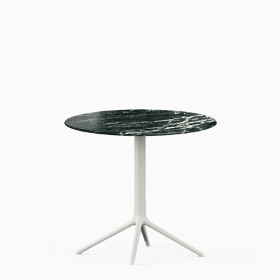 Round table with marble top and cast aluminium base.