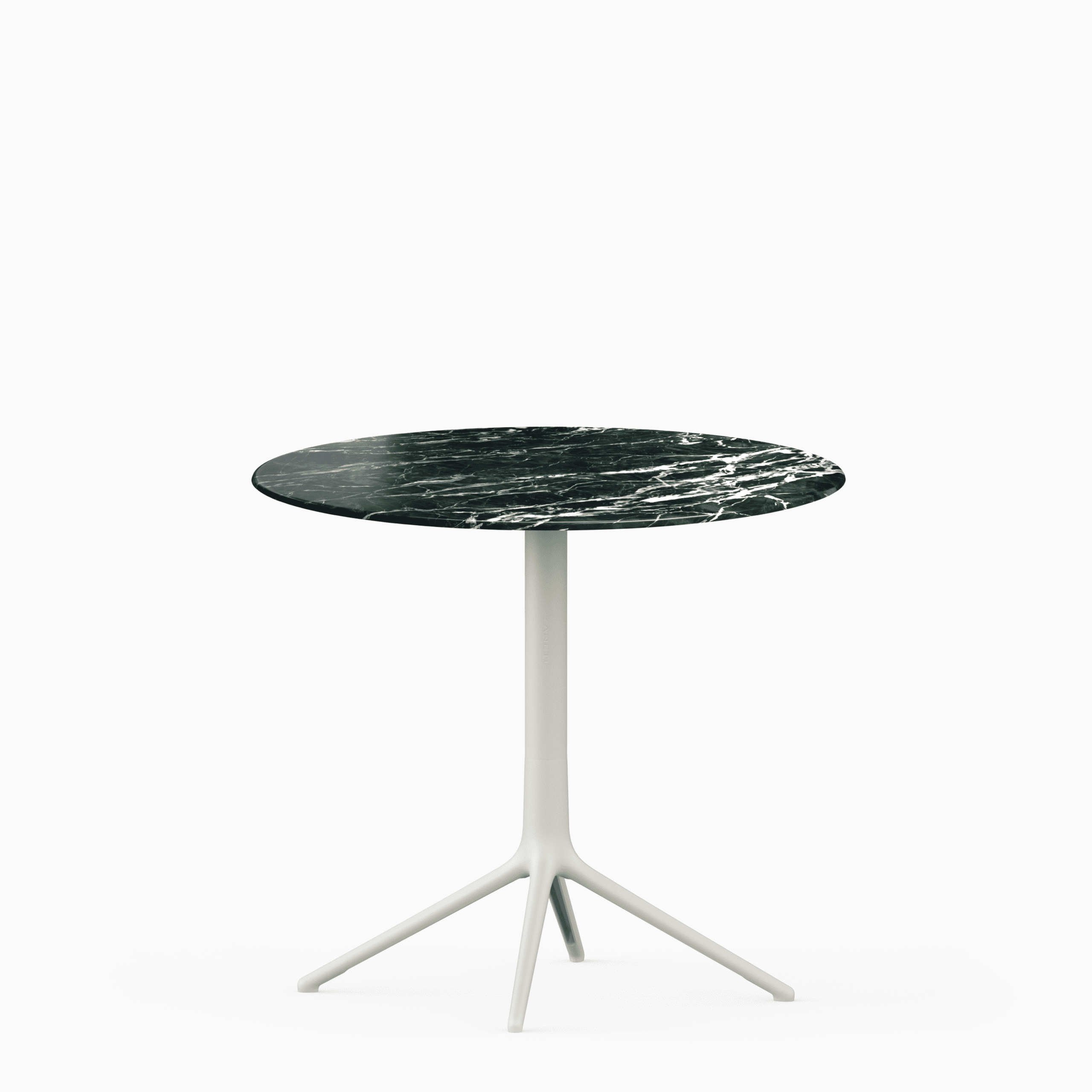 Round table with marble top and cast aluminium base.