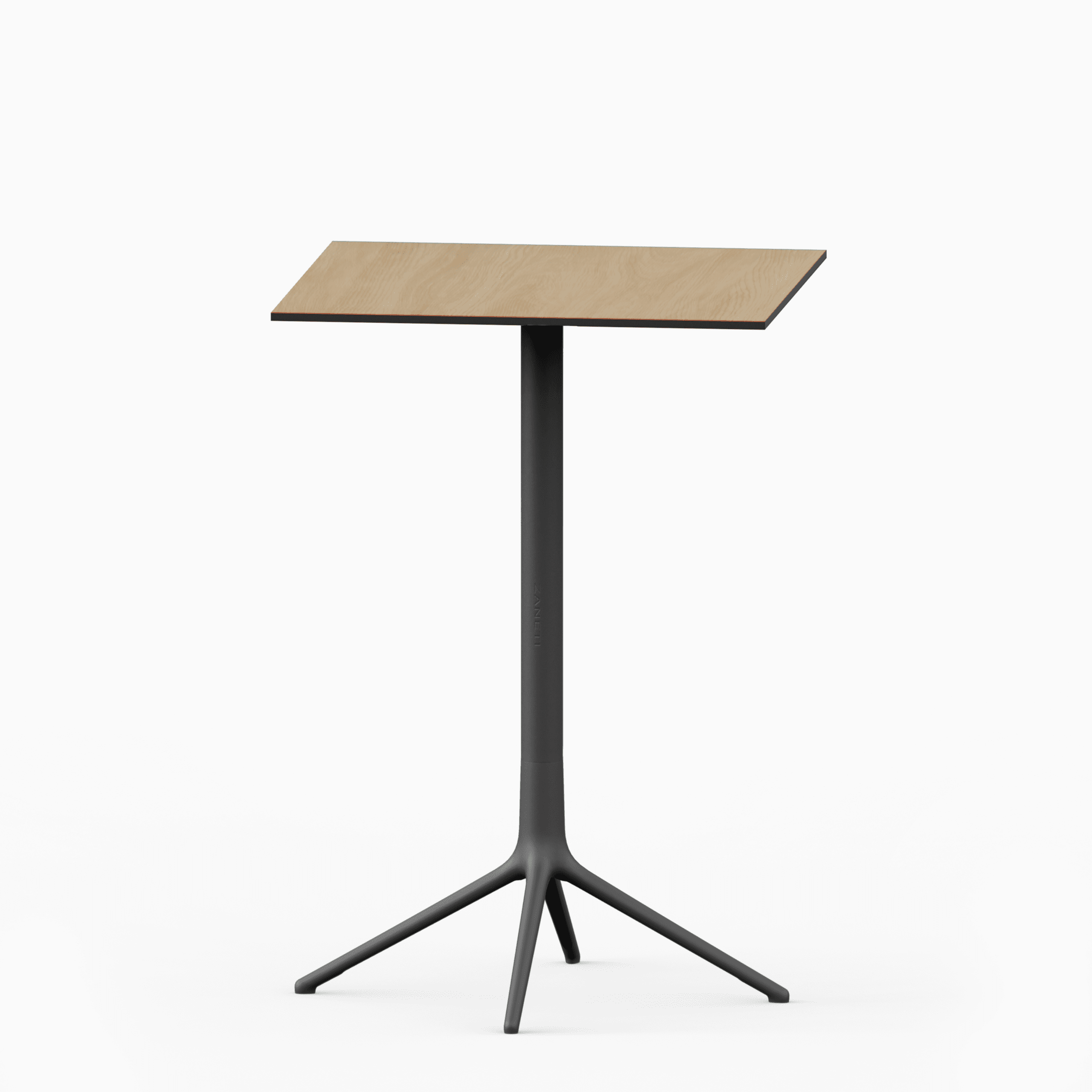 Square table with compact laminate top and cast aluminium base.