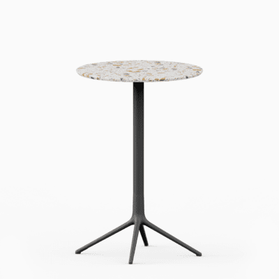 Round table with terrazzo top and cast aluminium base.