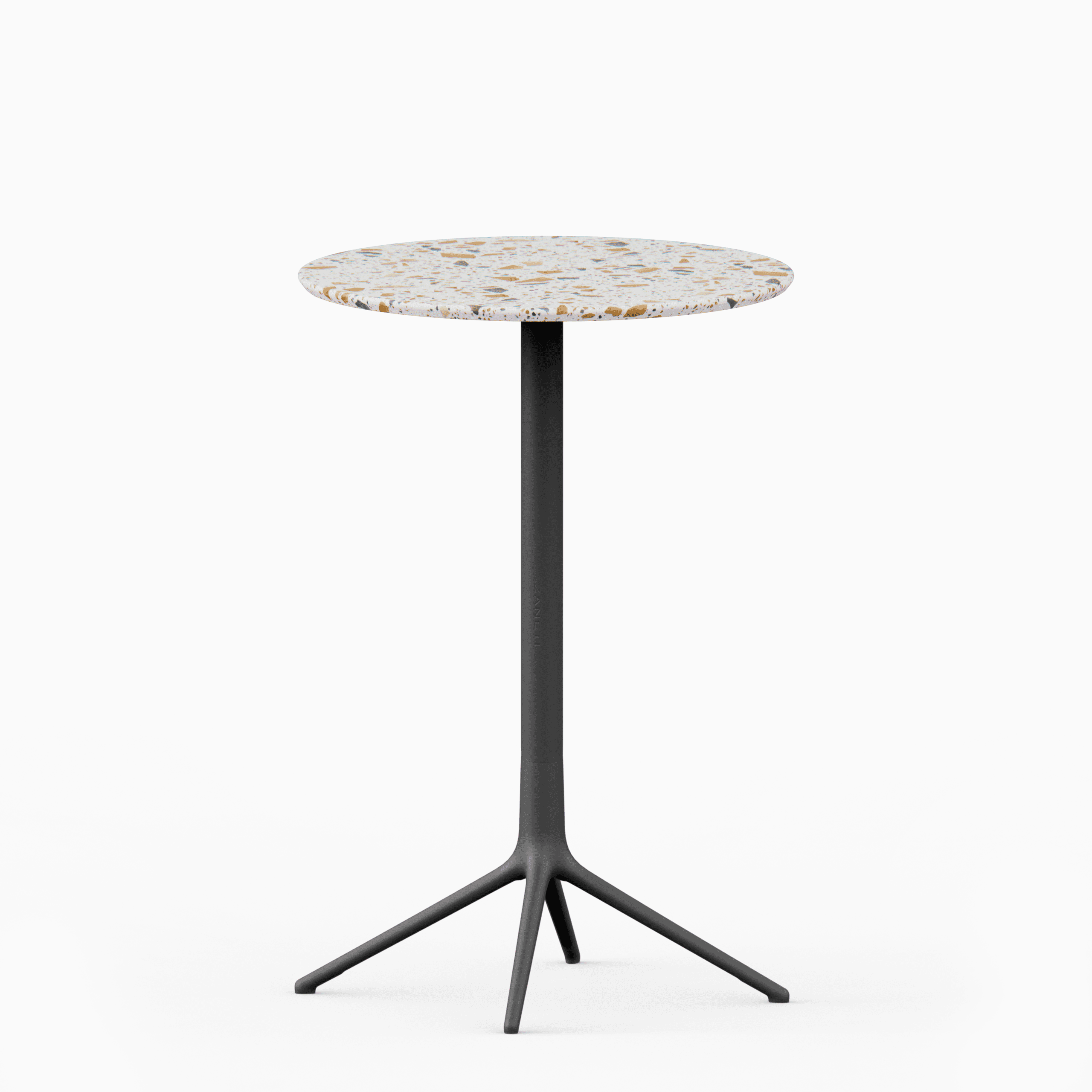 Round table with terrazzo top and cast aluminium base.