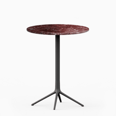 Round table with marble top and cast aluminium base.