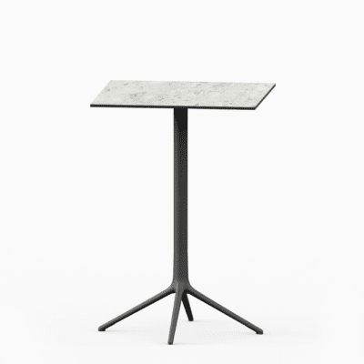 Square table with compact laminate top and cast aluminium base.