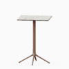 Square table with compact laminate top and cast aluminium base.