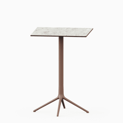 Square table with compact laminate top and cast aluminium base.